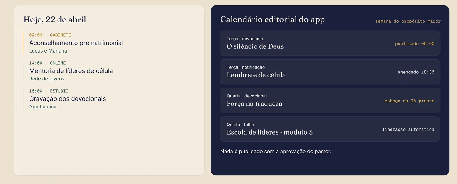 Agenda do gabinete ao lado do calendário editorial do app, com devocional, lembrete e trilha programados
