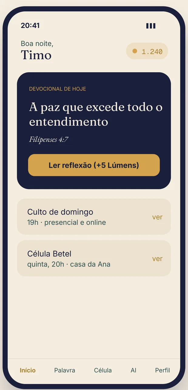 Tela inicial do app do membro, com o devocional do dia, o culto de domingo e a célula da semana