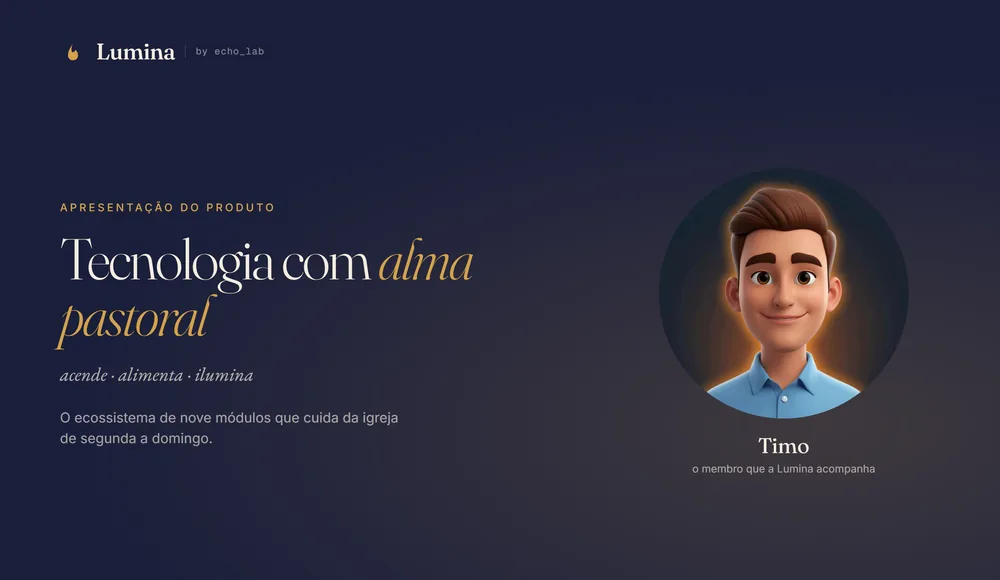 Capa da apresentação da lumina_cristã, com o Timo e o título tecnologia com alma pastoral