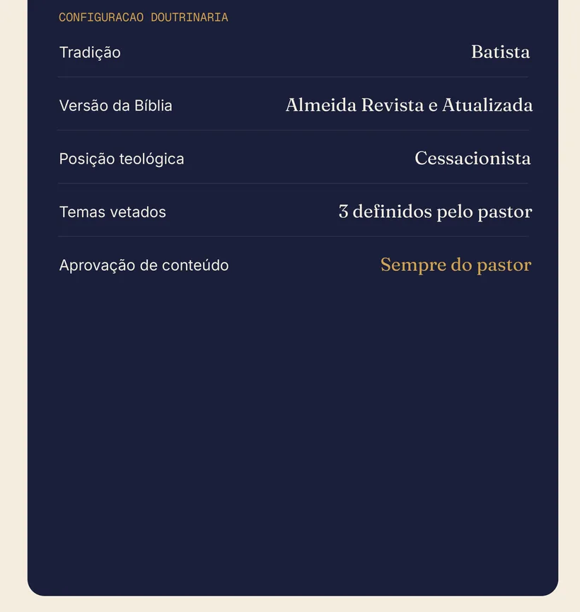Tela de configuração doutrinária com tradição, versão da Bíblia, posição teológica, temas vetados e aprovação de conteúdo